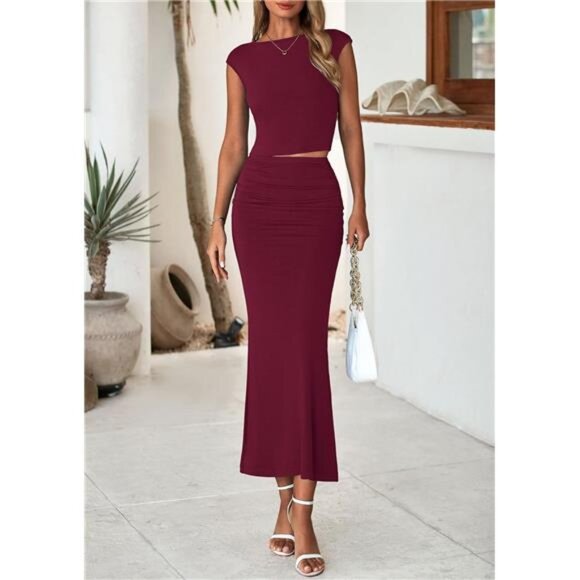 Skirt Sets Women 2 Piece Outfits Burgundy - Picture 3 of 6